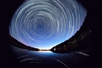 startrails over the lake, 3 hours of stars movement seen on the sky, fisheye lens photography