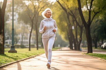 Mature happy woman running in the park