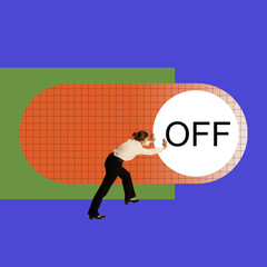 Young woman, employee turning off button. Time to finish projects and deadlines. Contemporary art...
