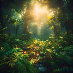 Fototapeta na wymiar Fantasy forest with sunlight in the morning-3d illustration.