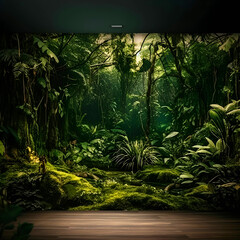 Interior of the jungle with green moss and plants. 3D rendering