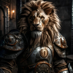 Portrait of a male lion in armor. Fantasy medieval scene.