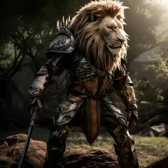 Fototapeten Lion in armor with sword in the forest. 3d illustration. © Wazir Design