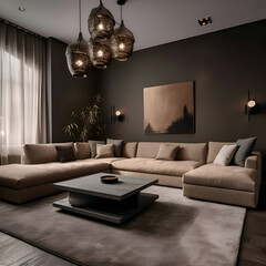 Modern living room interior with sofa- coffee table and lamps. 3d render