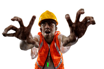A scary construction worker zombie with blood and wounds on his body walking