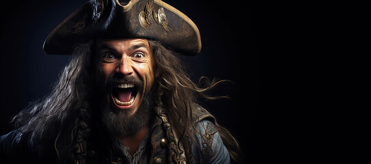 portrait of an angry pirate captain in a hat on a black background with a copy space