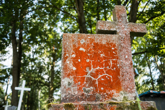 rusty coating of Trentepohlia algae on an old tombstone with a cross, pioneer species