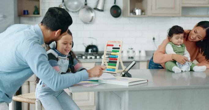 Family in kitchen, homework and dad helping child with tablet, card and support in learning, education and reading. Elearning, study and father teaching girl for home school for online class project.