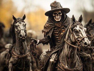 Black horseman skull of apocalypse riding black horse AI