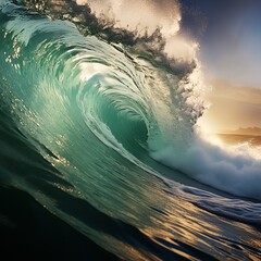 Big wave in the ocean.
Raging sea, surfing wave. Landscape of a water whirlpool. Concept: Dangers on the water, powerful water energy - obrazy, fototapety, plakaty