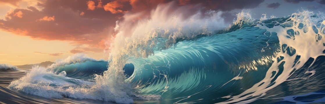 Big wave in the ocean.
Raging sea, surfing wave. Landscape of a water whirlpool. Concept: Dangers on the water, powerful water energy