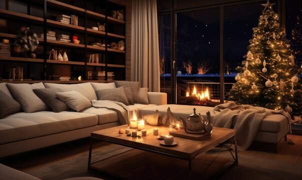 Photo of a cozy living room with warm lighting and stylish furniture