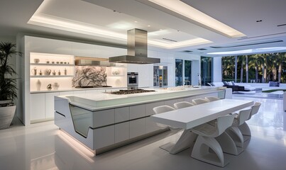 Photo of a modern kitchen with a spacious center island and sleek white chairs
