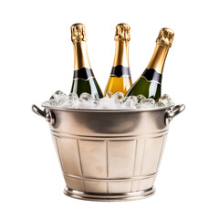 Three champagne bottles on a bucket full of ice over isolated transparent background - obrazy, fototapety, plakaty