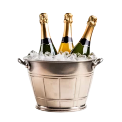 Fotobehang Three champagne bottles on a bucket full of ice over isolated transparent background © LorenaPh