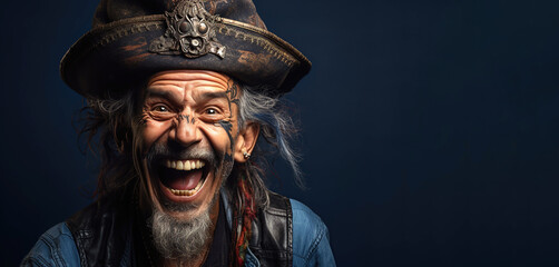 portrait of a happy smiling pirate captain in a hat on a blue background with copy space - obrazy, fototapety, plakaty