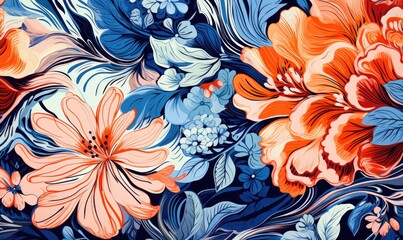 Photo of a vibrant floral painting on a rich blue backdrop