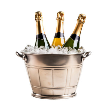Three champagne bottles on a bucket full of ice over isolated transparent background