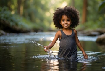 Portrait of cute little African American girl playing in river isolated on nature background, people banner with copy space text 