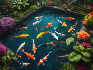 Koi fish in beautiful pool with decorative plants and flowers