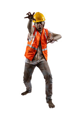 A scary construction worker zombie with blood and wounds on his body walking
