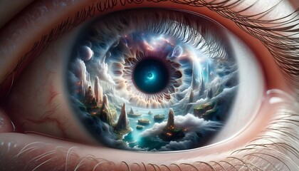 Macro shot of human eye with another world inside, abstract artistic background, wallpaper 