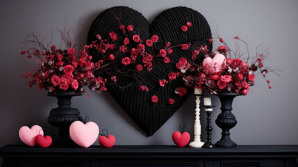 Valentine's Day arrangement with flowers, black and red,, beautifully decorated, background, card or gift