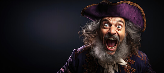 portrait of a funny old pirate captain in a hat on a dark background with copy space