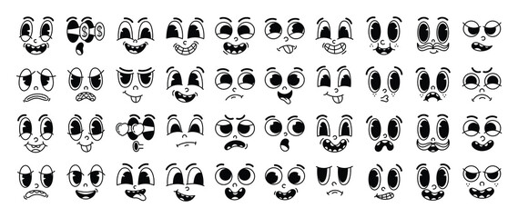 Set of 70s groovy comic faces vector. Collection of cartoon character faces, in different emotions, happy, angry, sad, cheerful. Cute retro groovy hippie illustration for decorative, sticker. - obrazy, fototapety, plakaty