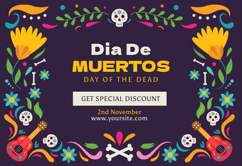 Dia de muertos horizontal flat illustration banner discount promotion. Day of dead Mexican festival celebration on november 2 for poster, social media design, greeting card, invitation, template, back