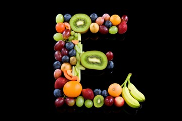 Letter E formed by arranging a variety of fresh fruits on the black background