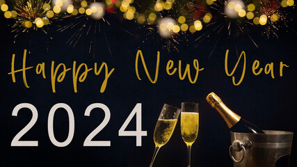 HAPPY NEW YEAR 2024 celebration holiday greeting card background with text - Champagne or sparkling...