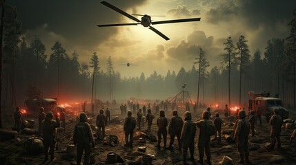 Crowd of people walking on the muddy road in the forest at night with cloudy fire