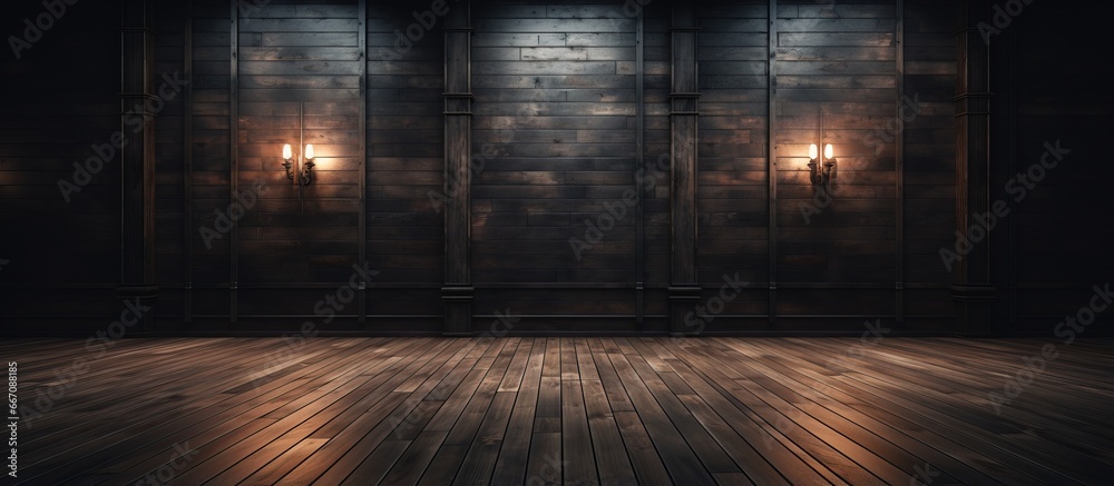 Wall mural Scene in a dark room with wooden floor and walls