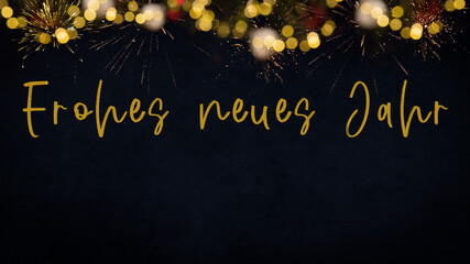 Frohes neues Jahr 2024 Silvester Feiertag Grußkarte mit deutschem Text - Goldenes gelbes Feuerwerk in der Nacht am Himmel - obrazy, fototapety, plakaty