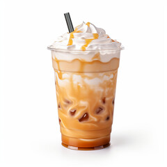 ice cold coffe and wipe cream on top of it with white background