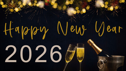 HAPPY NEW YEAR 2026 celebration holiday greeting card background with text - Champagne or sparkling...