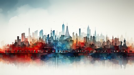 Fototapeta premium Hand made city with red and blue buildings on blue background