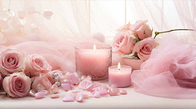 Valentine's Day arrangement with flowers, rose, beautifully decorated, background, card or gift
