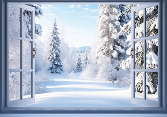 Cold winter landscape with lots of snow, seen through an open window. AI generated