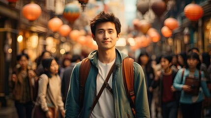 young handsome asian man traveling in european city at sunset