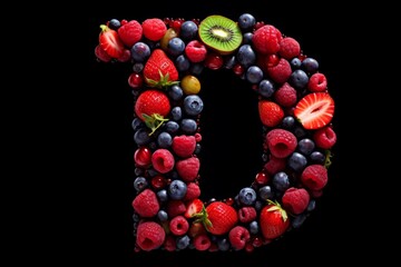 The letter D creatively formed using a mix of fresh and juicy berries and fruits