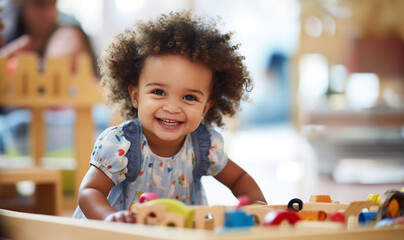 multicultural daycare center with African American toddler babies. Group of workers with babies in nursery or kindergarten playful.