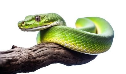 green snake on a tree branch. transparent background - obrazy, fototapety, plakaty
