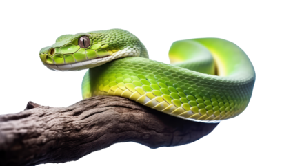 green snake on a tree branch. transparent background