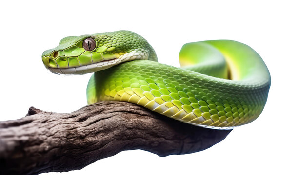 green snake on a tree branch. transparent background