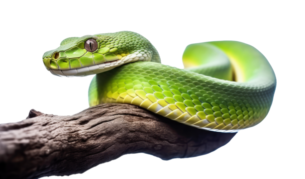 green snake on a tree branch. transparent background