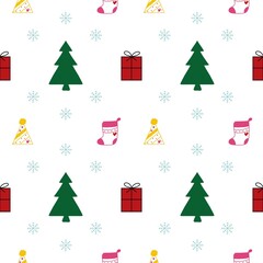 Christmas background with colorful theme. Christmas tree, gift, party hat and socks on white background
