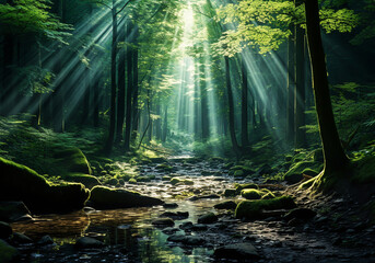 Forest in the morning with rays of light passing through the trees. Scenic landscape. Environment concept. AI generated