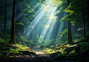 Fototapeta na wymiar Forest in the morning with rays of light passing through the trees. Scenic landscape. Environment concept. AI generated
